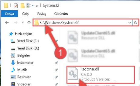 isdone.dll dosyasını Windows/System32 dizinine kopyalama