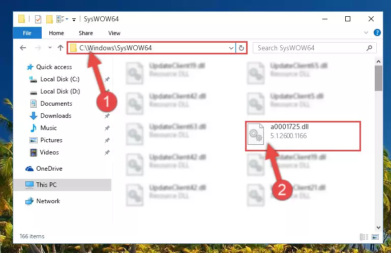 Pasting the A0001725.dll file into the Windows/sysWOW64 folder