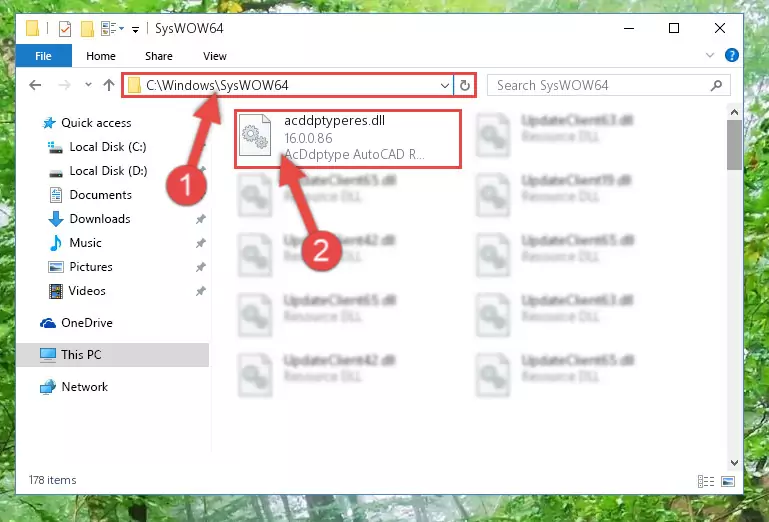 Pasting the Acddptyperes.dll library into the Windows/sysWOW64 directory