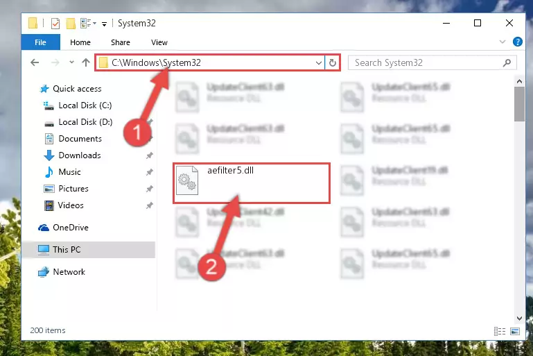 Pasting the Aefilter5.dll library into the Windows/System32 directory