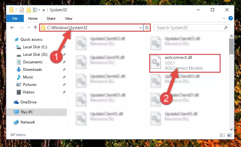 Pasting the Aolconnect.dll file into the Windows/sysWOW64 folder