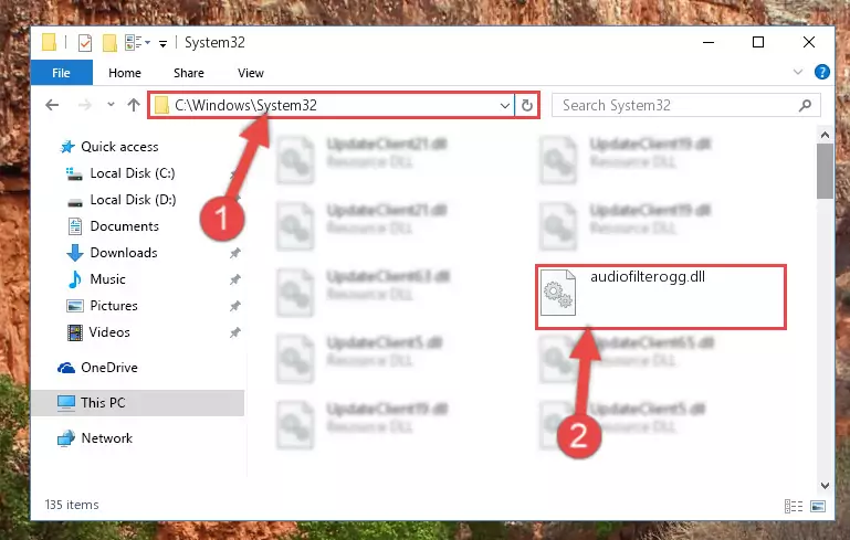 Pasting the Audiofilterogg.dll library into the Windows/System32 directory