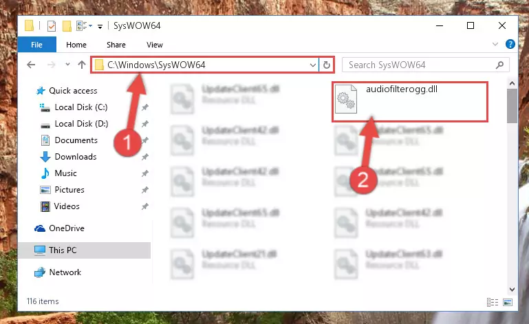 Pasting the Audiofilterogg.dll library into the Windows/sysWOW64 directory