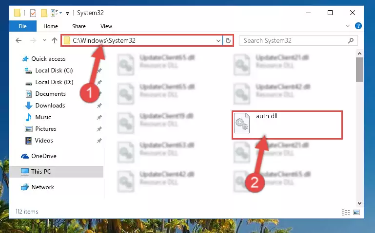 Pasting the Auth.dll file into the Windows/sysWOW64 folder