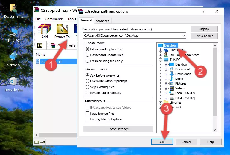 Pasting the C2supprt.dll file into the Windows/System32 folder