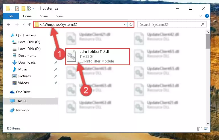 Pasting the Cdrinfofilter110.dll library into the Windows/System32 directory