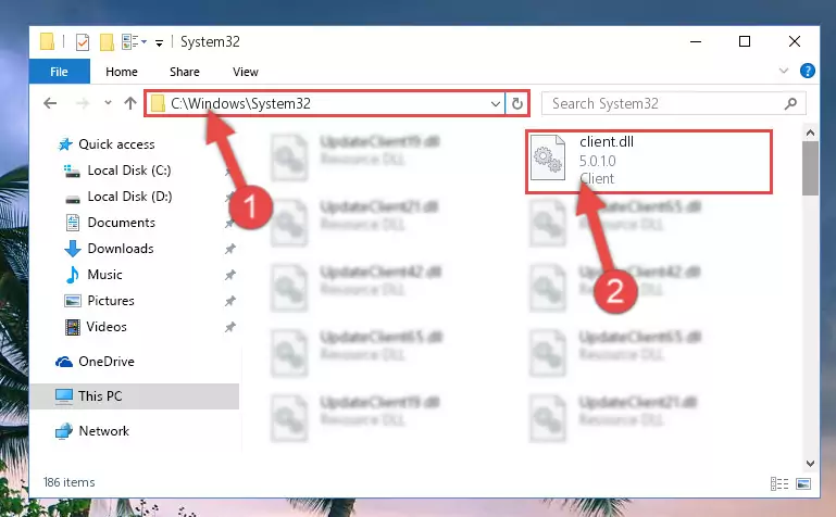 Pasting the Client.dll file into the Windows/sysWOW64 folder