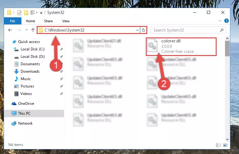 Pasting the Colorer.dll library into the Windows/sysWOW64 directory