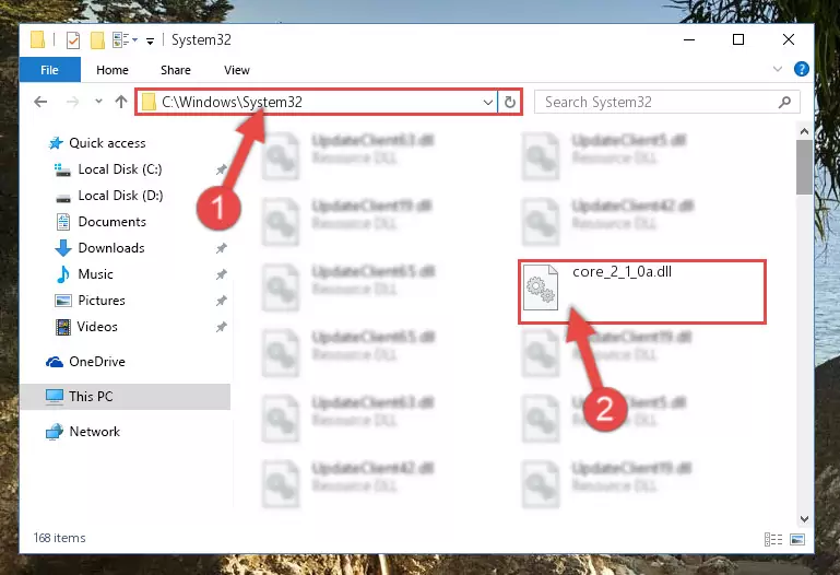 Copying the Core_2_1_0a.dll file into the Windows/System32 folder