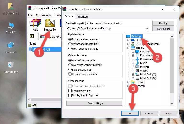 Copying the D3dspy9.dll library into the Windows/System32 directory