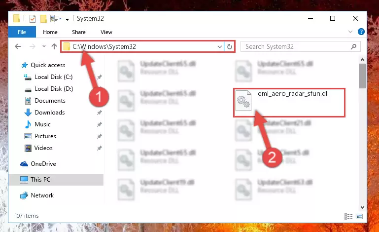 Pasting the Eml_aero_radar_sfun.dll library into the Windows/sysWOW64 directory