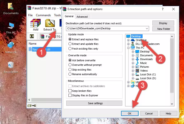 Pasting the Faus3270.dll library into the Windows/System32 directory