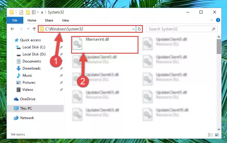Pasting the Filterserint.dll library into the Windows/System32 directory