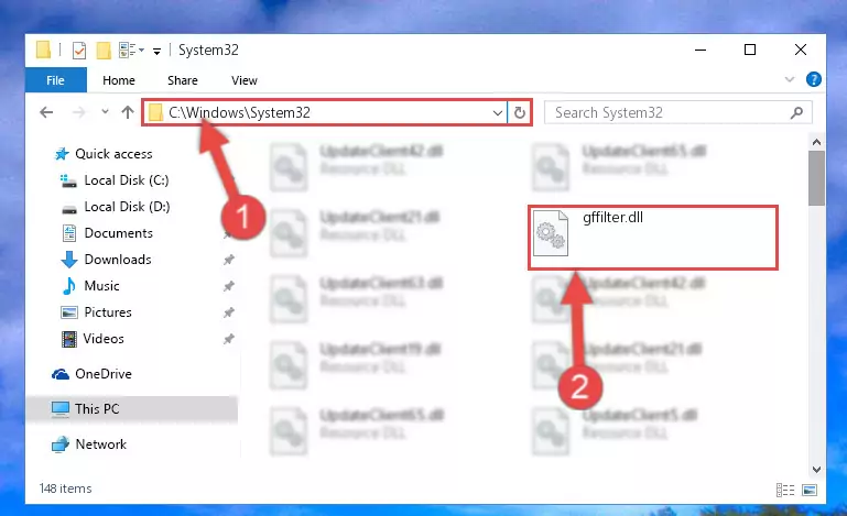 Pasting the Gffilter.dll library into the Windows/sysWOW64 directory