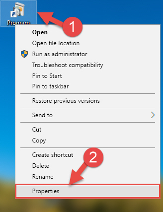 Opening the program shortcut properties window