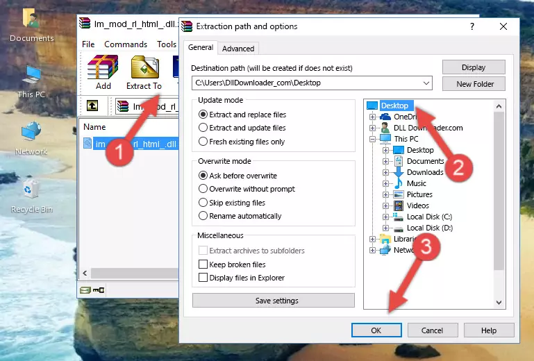 Copying the Im_mod_rl_html_.dll file into the Windows/System32 folder