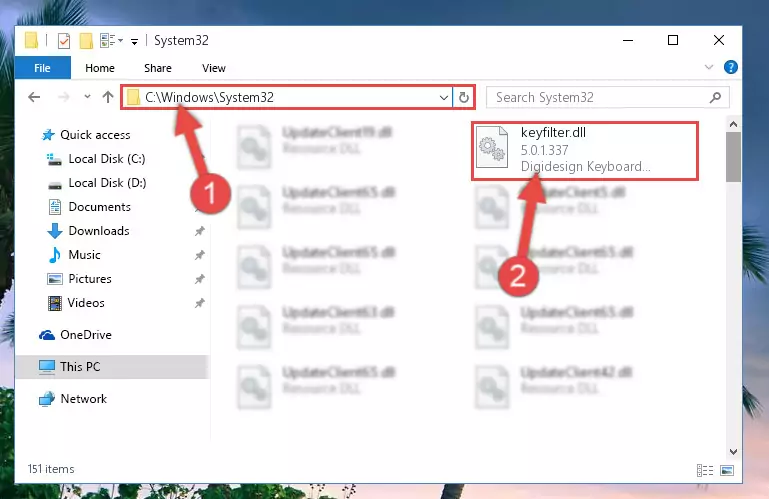 Pasting the Keyfilter.dll library into the Windows/System32 directory