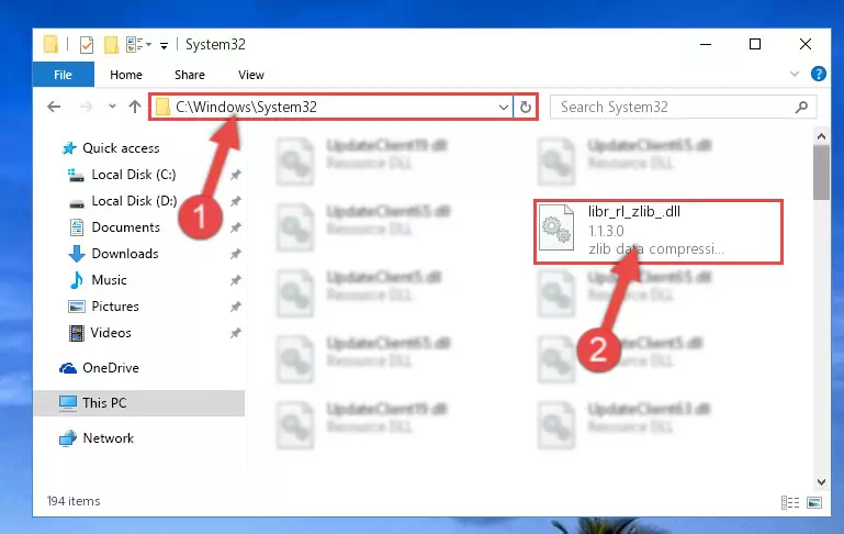 Pasting the Libr_rl_zlib_.dll library into the Windows/sysWOW64 directory