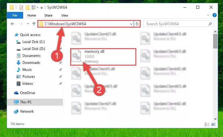 Pasting the Memory.dll file into the Windows/sysWOW64 folder