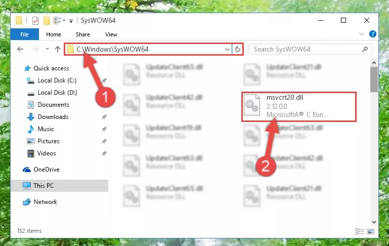 Pasting the Msvcrt20.dll file into the Windows/sysWOW64 folder