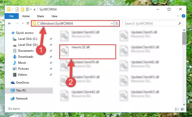 Pasting the Nwunc32.dll file into the Windows/sysWOW64 folder