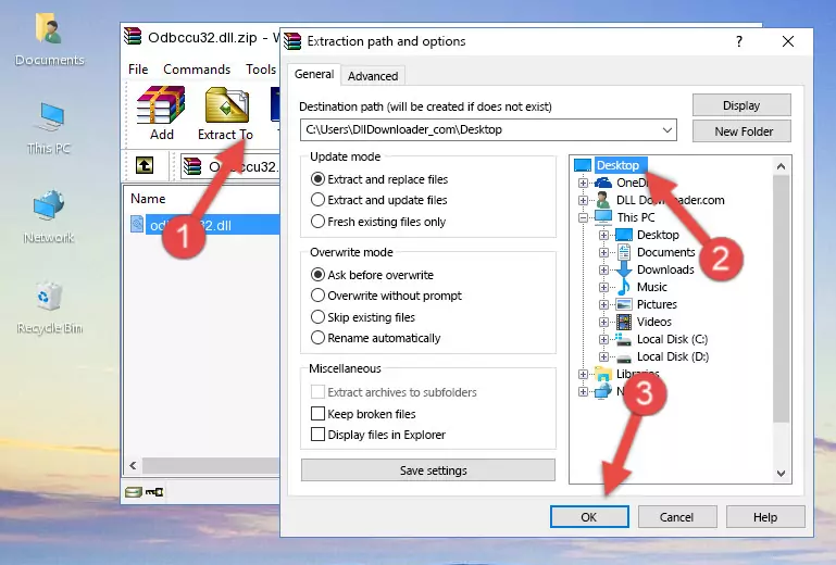 Pasting the Odbccu32.dll file into the Windows/System32 folder