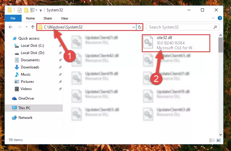 Copying the Ole32.dll file into the Windows/System32 folder