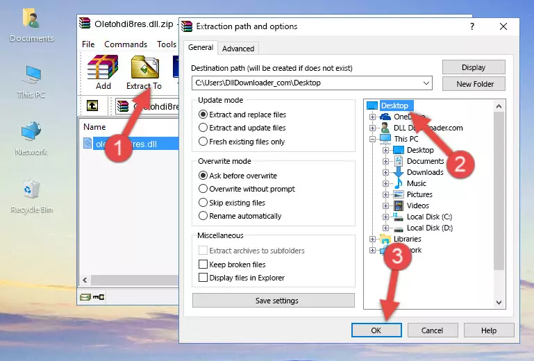Pasting the Oletohdi8res.dll file into the Windows/System32 folder