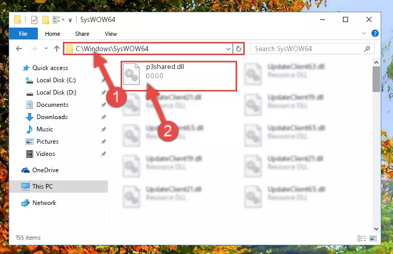 Pasting the P3shared.dll file into the Windows/sysWOW64 folder