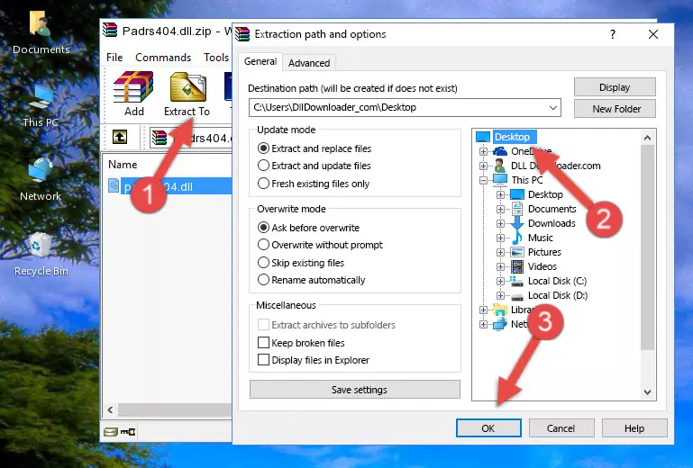 Pasting the Padrs404.dll file into the Windows/System32 folder