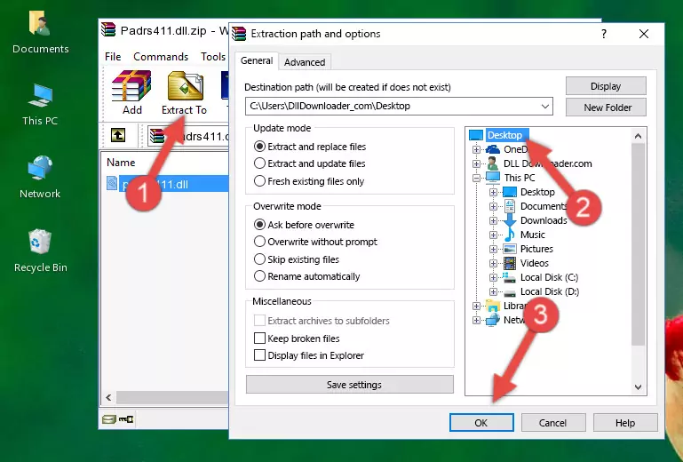 Pasting the Padrs411.dll file into the Windows/System32 folder