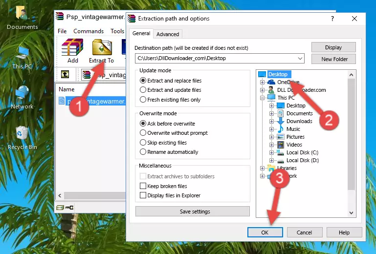 Copying the Psp_vintagewarmer.dll library into the Windows/System32 directory