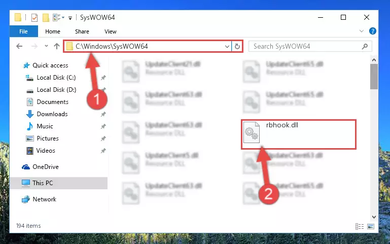 Pasting the Rbhook.dll file into the Windows/sysWOW64 folder