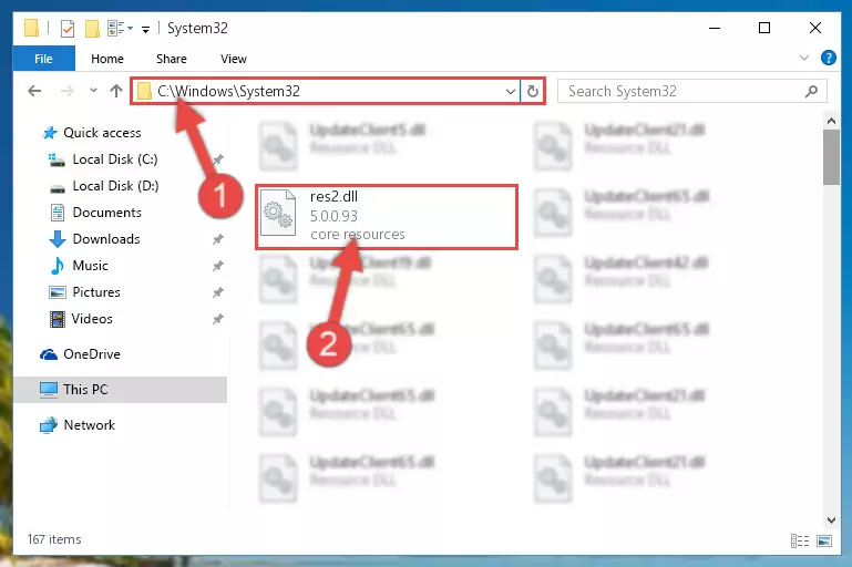 Pasting the Res2.dll file into the Windows/sysWOW64 folder