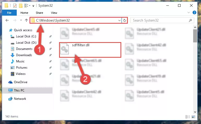 Pasting the Sdf1filter.dll library into the Windows/sysWOW64 directory