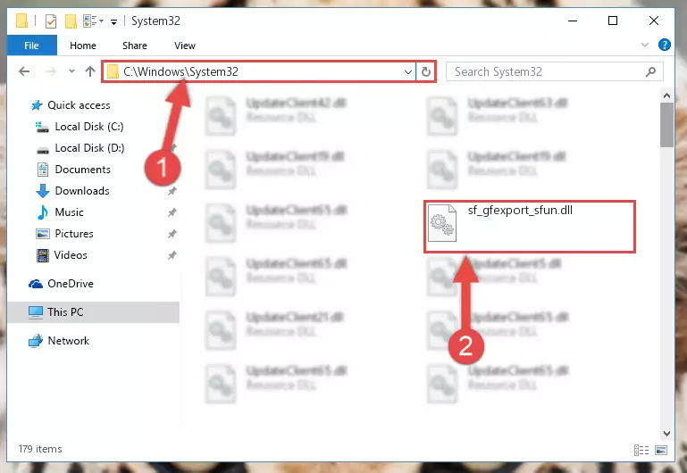Pasting the Sf_gfexport_sfun.dll library into the Windows/sysWOW64 directory