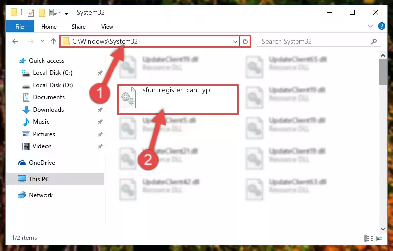 Pasting the Sfun_register_can_types.dll file into the Windows/sysWOW64 folder