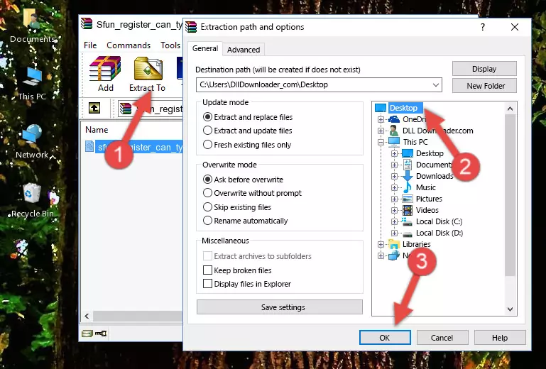 Copying the Sfun_register_can_types.dll file into the Windows/System32 folder