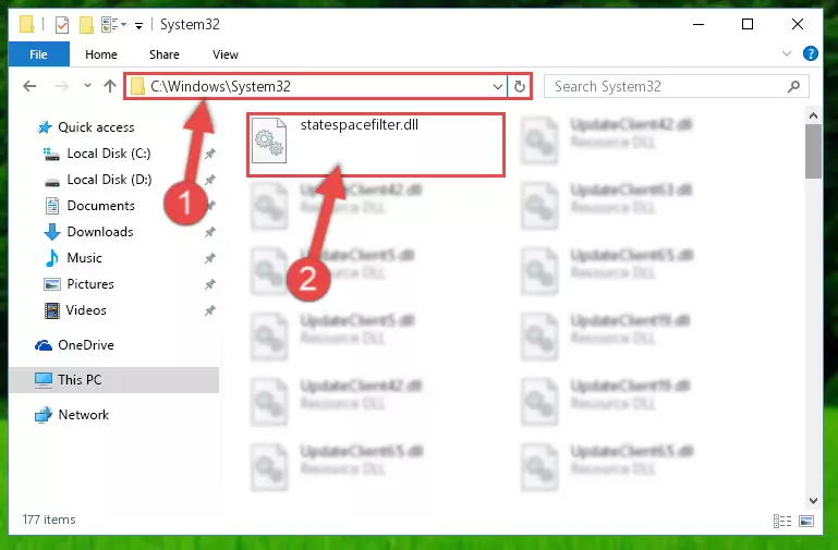 Pasting the Statespacefilter.dll library into the Windows/sysWOW64 directory