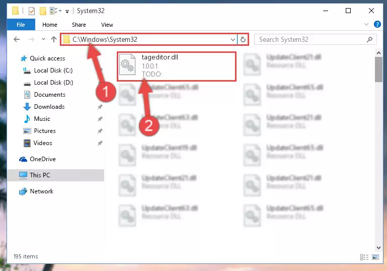Copying the Tageditor.dll file into the Windows/System32 folder