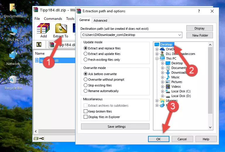 Pasting the Tipp184.dll library into the Windows/System32 directory
