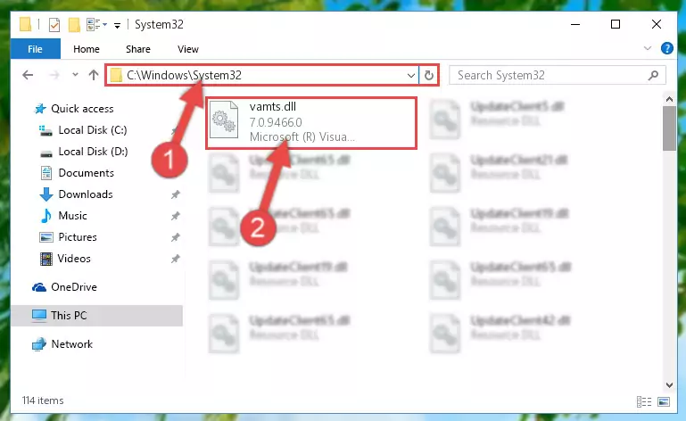 Pasting the Vamts.dll file into the Windows/sysWOW64 folder