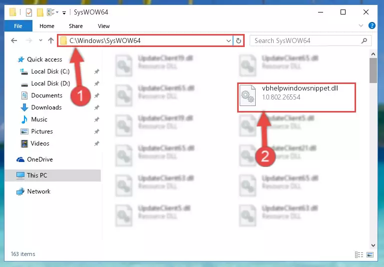 Pasting the Vbhelpwindowsnippet.dll file into the Windows/sysWOW64 folder