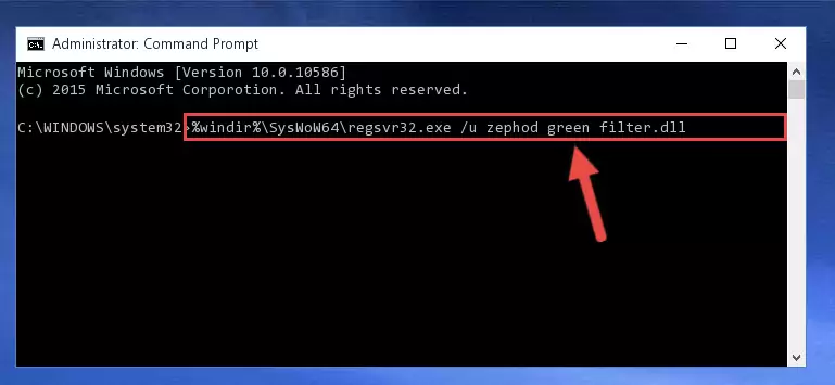 Reregistering the Zephod green filter.dll file in the system (for 64 Bit)