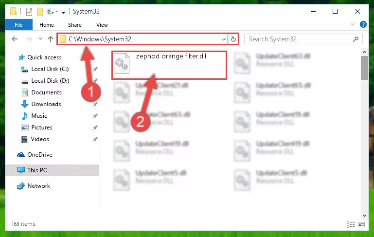 Copying the Zephod orange filter.dll library into the Windows/System32 directory