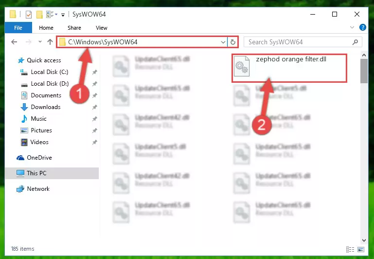 Copying the Zephod orange filter.dll library to the Windows/sysWOW64 directory