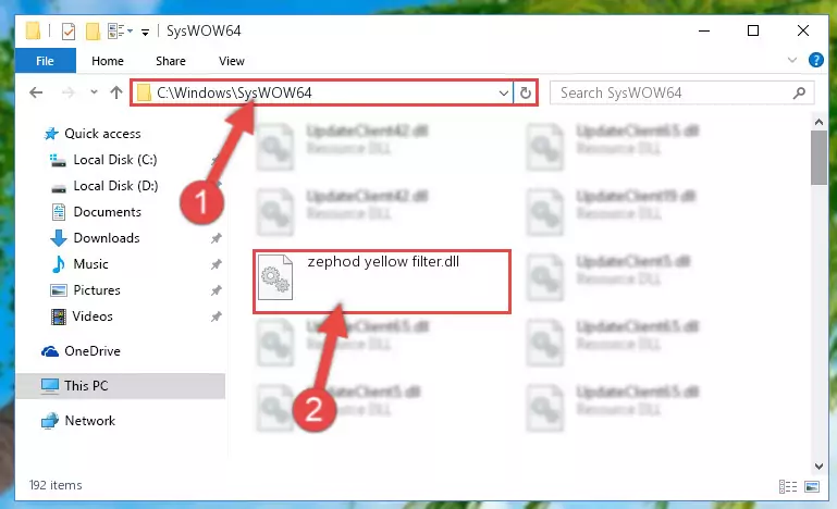 Pasting the Zephod yellow filter.dll library into the Windows/sysWOW64 directory