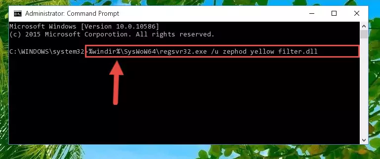 Creating a new registry for the Zephod yellow filter.dll library in the Windows Registry Editor