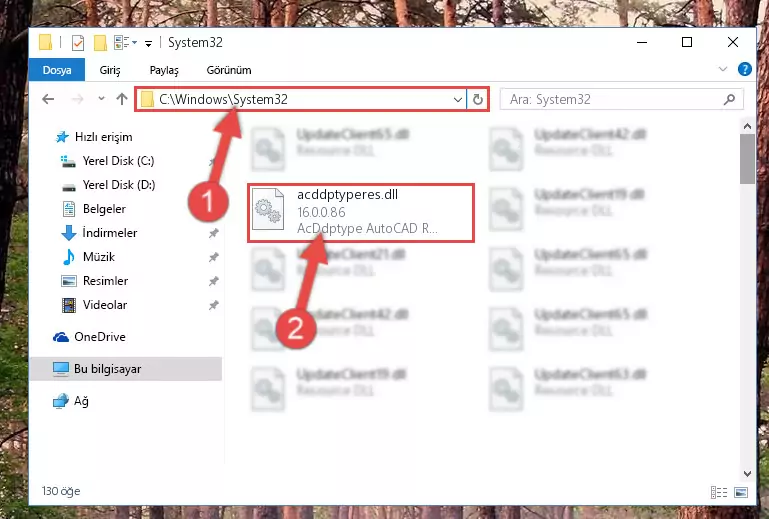 Acddptyperes.dll kütüphanesini Windows/System32 klasörüne kopyalama