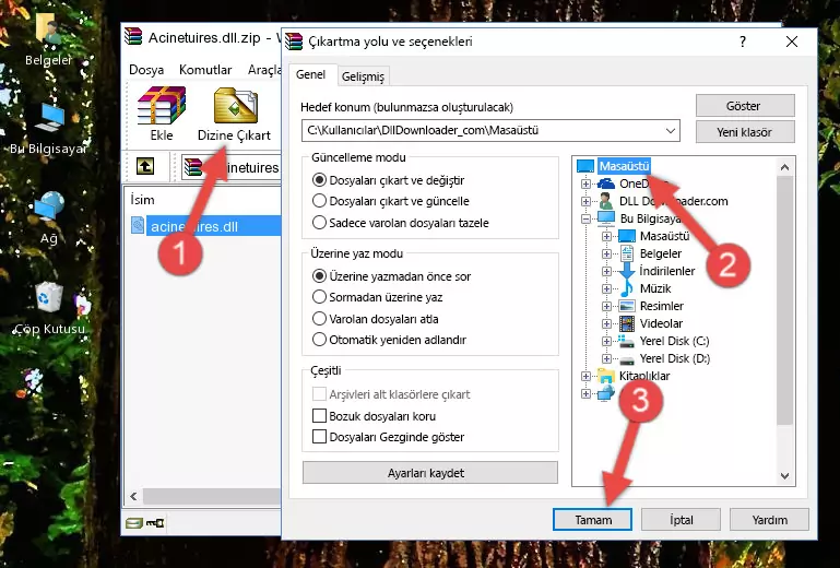 Acinetuires.dll kütüphanesini Windows/System32 klasörüne yapıştırma